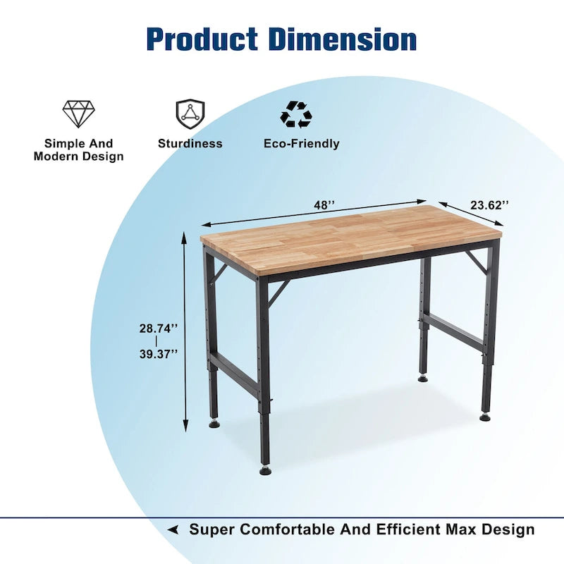 Industrial Workbench Desk with Adjustable Height and Wood Top and 4 Metal Feet for Garage and Workshop or Home Use