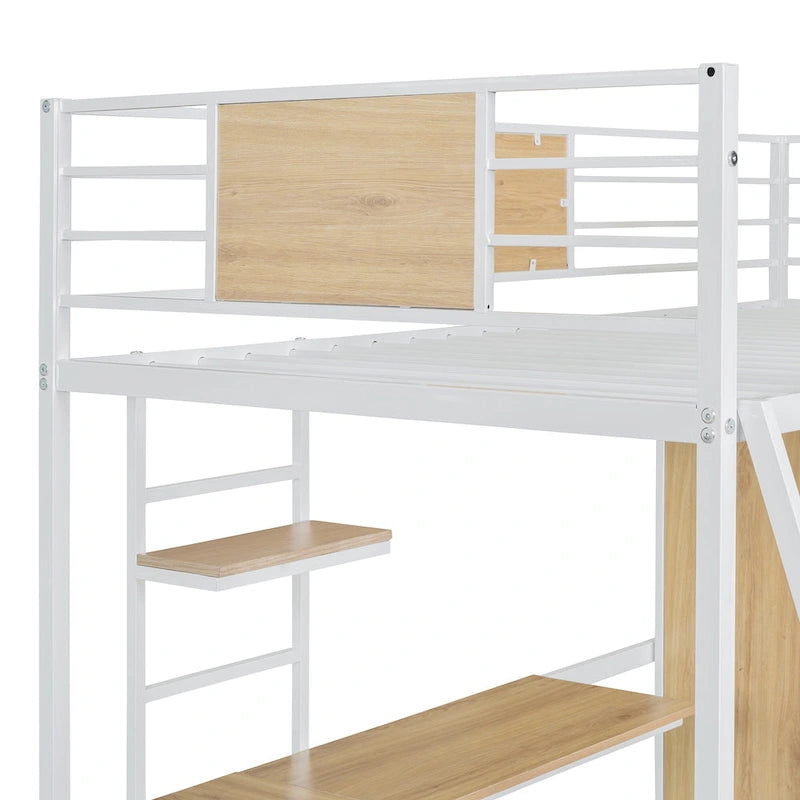 Twin Size Metal & Wood Loft Bed with L-Shape Desk, Wardrobe, Fence and Ladder