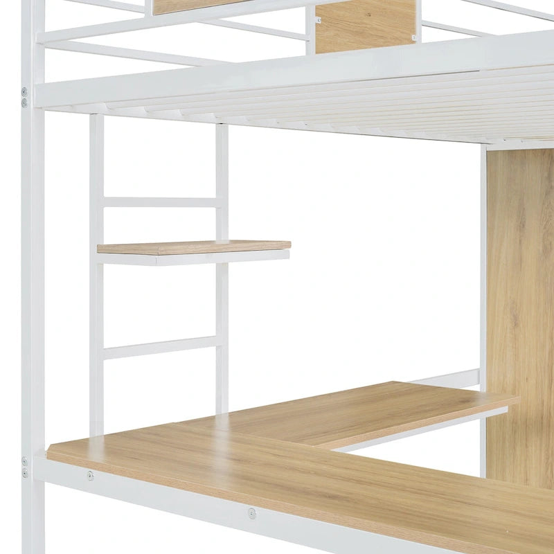 Twin Size Metal & Wood Loft Bed with L-Shape Desk, Wardrobe, Fence and Ladder