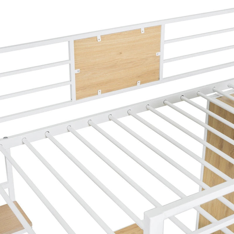 Twin Size Metal & Wood Loft Bed with L-Shape Desk, Wardrobe, Fence and Ladder