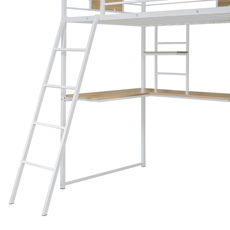 Twin Size Metal & Wood Loft Bed with L-Shape Desk, Wardrobe, Fence and Ladder