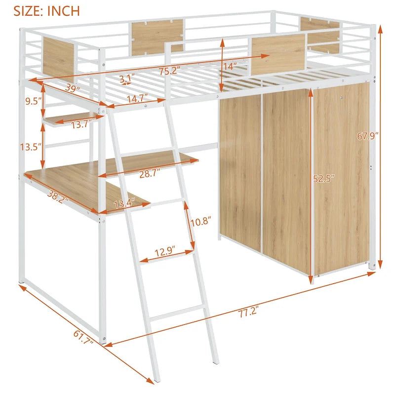 Twin Size Metal & Wood Loft Bed with L-Shape Desk, Wardrobe, Fence and Ladder