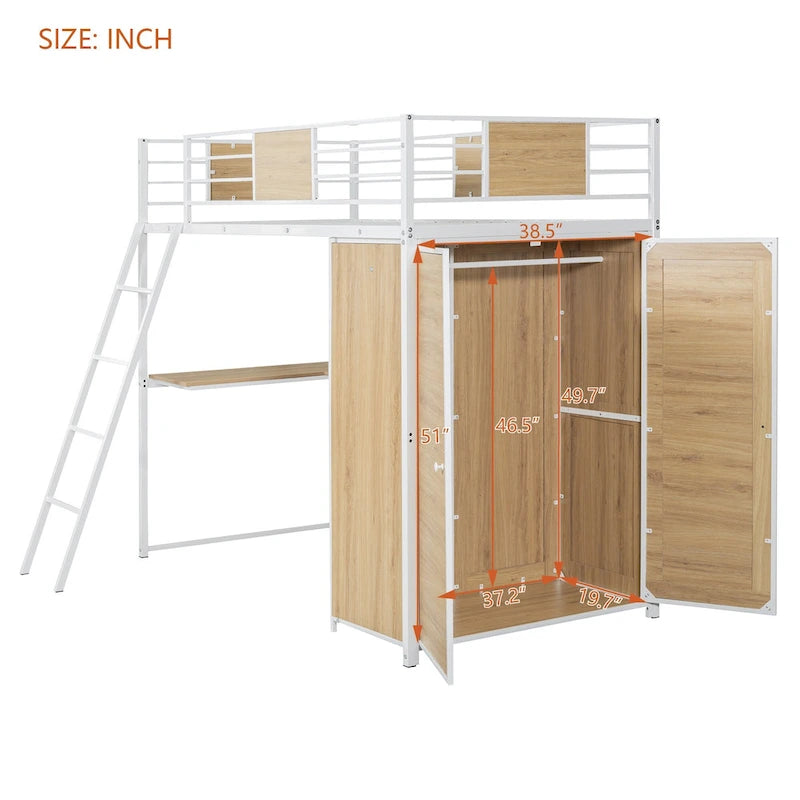 Twin Size Metal & Wood Loft Bed with L-Shape Desk, Wardrobe, Fence and Ladder