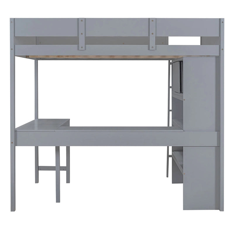 Full Size Solid Wood Loft Bed with Desk and Shelf for Kids