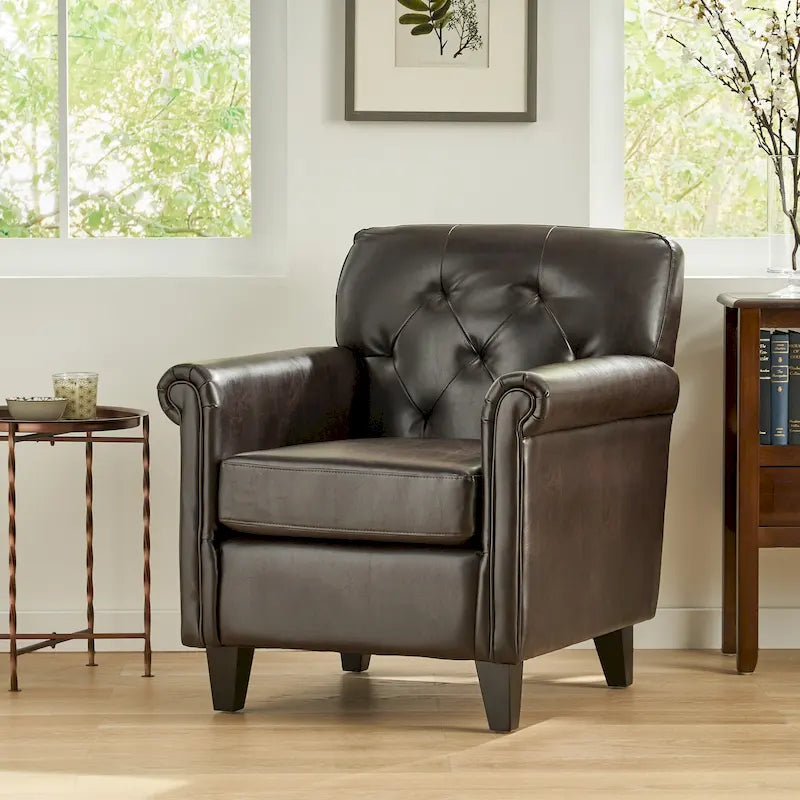 Tufted Brown Bonded Leather Club Chair with Sturdy Frame