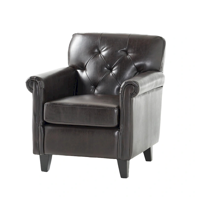 Tufted Brown Bonded Leather Club Chair with Sturdy Frame