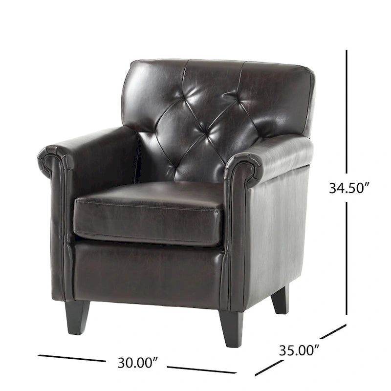 Tufted Brown Bonded Leather Club Chair with Sturdy Frame