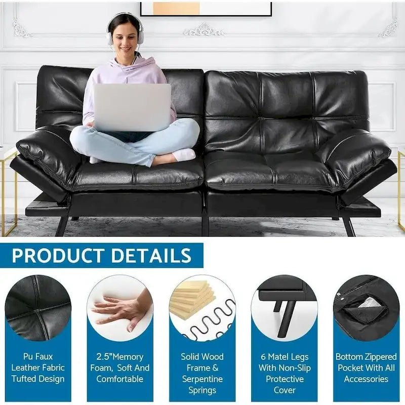 Futon Sofa Bed, Modern Convertible Sleeper Couch Daybed with Adjustable Armrests for Studio, Apartment, Office, Small Space