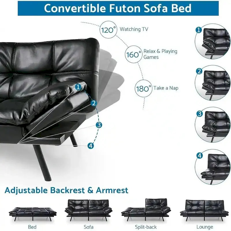 Futon Sofa Bed, Modern Convertible Sleeper Couch Daybed with Adjustable Armrests for Studio, Apartment, Office, Small Space