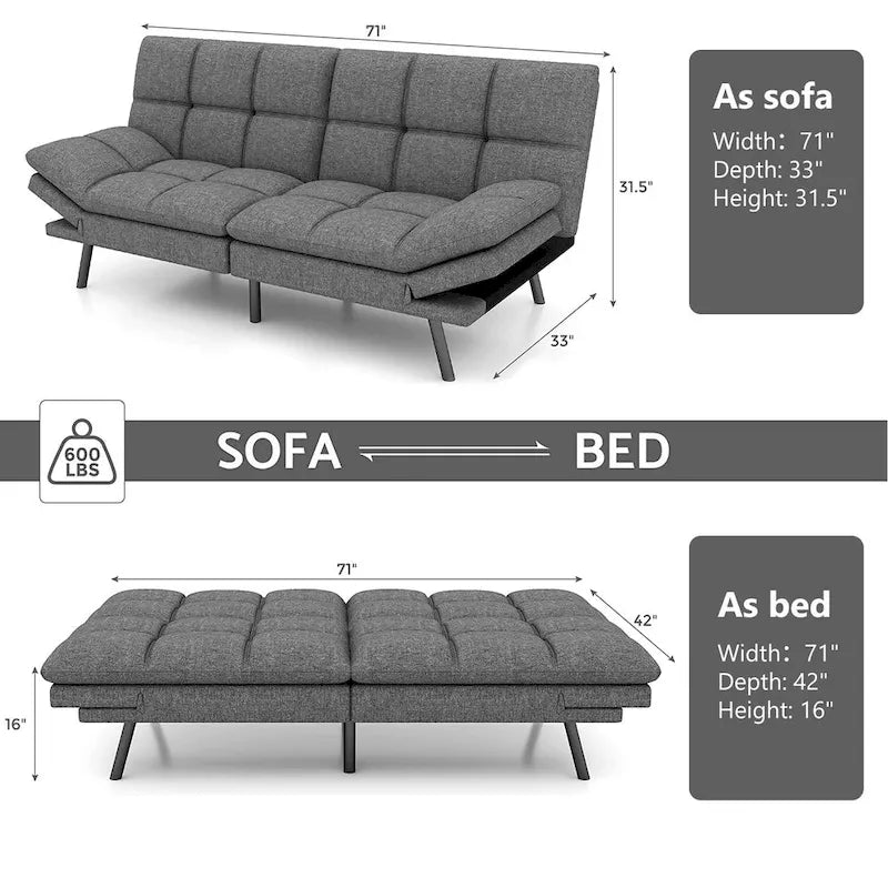 Futon Sofa Bed, Modern Convertible Sleeper Couch Daybed with Adjustable Armrests for Studio, Apartment, Office, Small Space