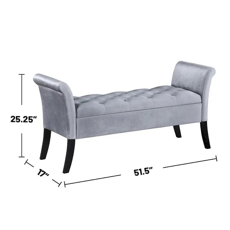 Velvet Upholstered Rolled Arms Storage Bench